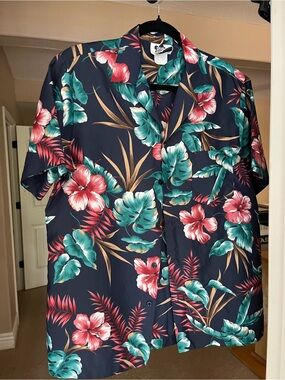 Hilo Hattie Navy Floral Camp Shirt with Teal and Coral Blooms